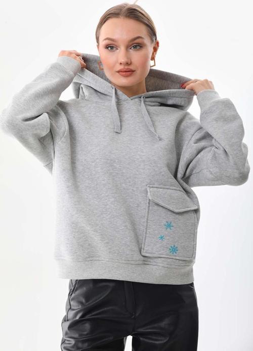 Gri Kışlık Kalın Kar Tanesi Baskılı Cepli Kapüşonlu Oversize/Geniş Kesim Sweatshirt