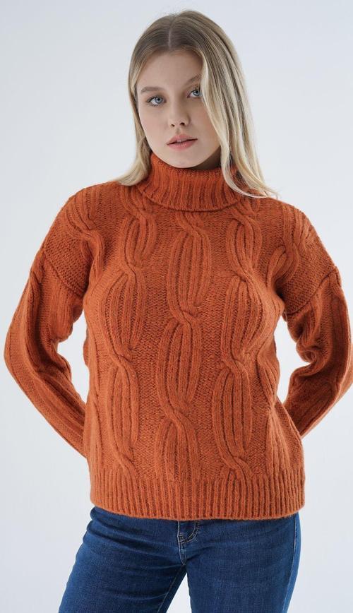 Kadın Turuncu Oversize Balıkçı Yaka Selanik Saç Örgülü Yünlü Özel İplik Triko Örme Kazak Trıst-6159