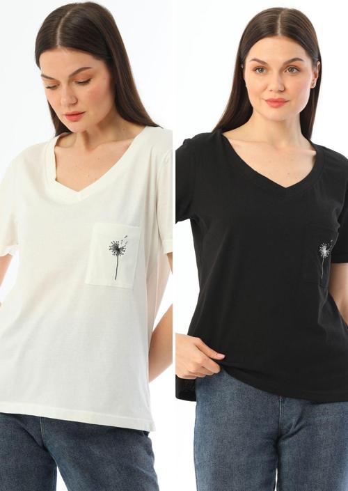 2'Li Paket Ekru-Siyah V Yaka Rahat Kalıp Nakışlı %100 Pamuk T-Shirt