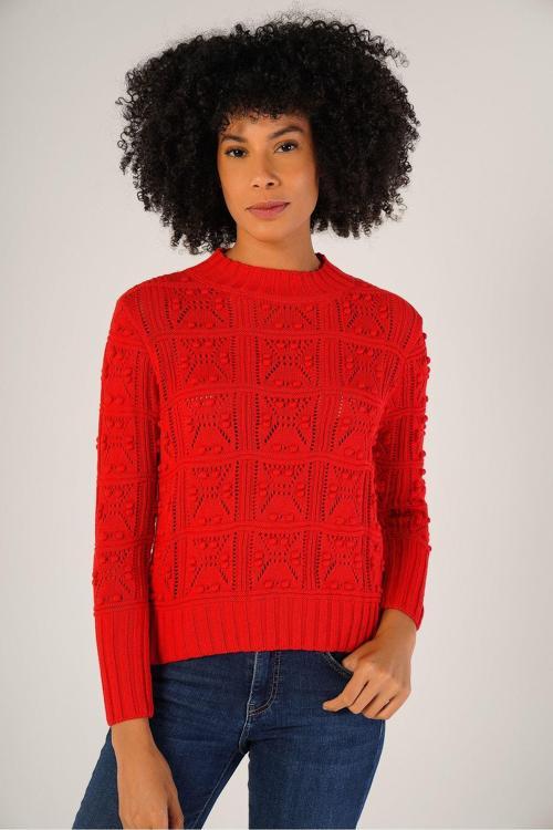 Kırmızı Kadın Pon Pon Desenli Ajurlu Bisiklet Yaka %100 Pamuk Kazak