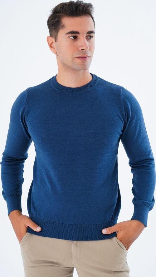 Erkek Indigo %100 Pamuklu Bisiklet Yaka Triko Kazak Trıst-1101