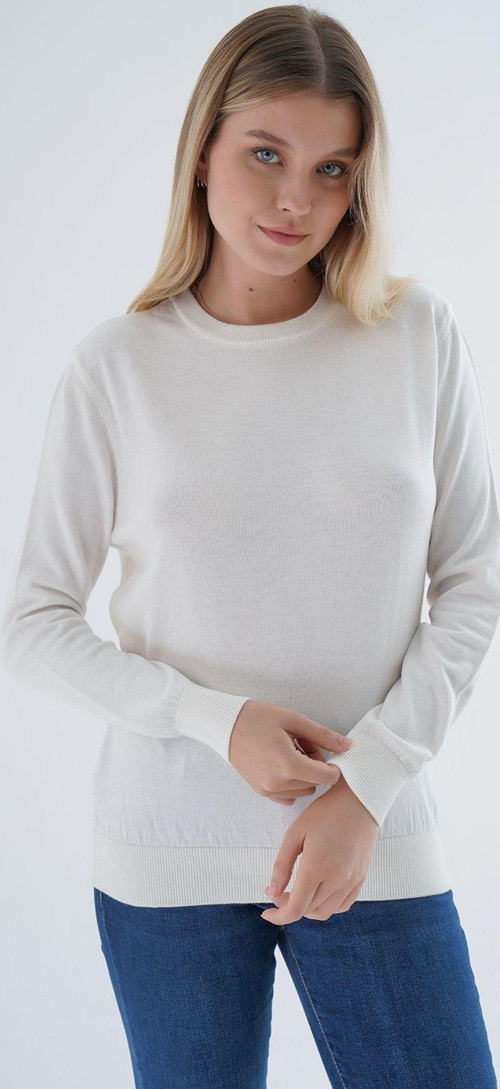 Kadın Ekru %100 Organik Pamuk Bisiklet Yaka Triko Kazak