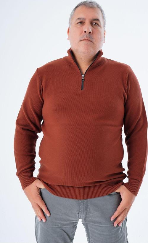 Büyük Beden Erkek Kiremit Fermuarlı Dik Yaka Pirinç Örgü %100 Pamuk Triko Kazak Trıst-2113