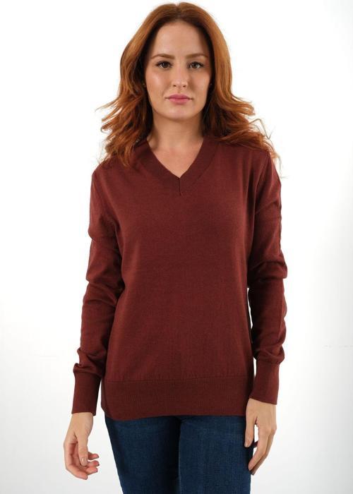 Kadın Taba %100 Organik Pamuk V Yaka Triko Kazak Bluz Trıst-6102