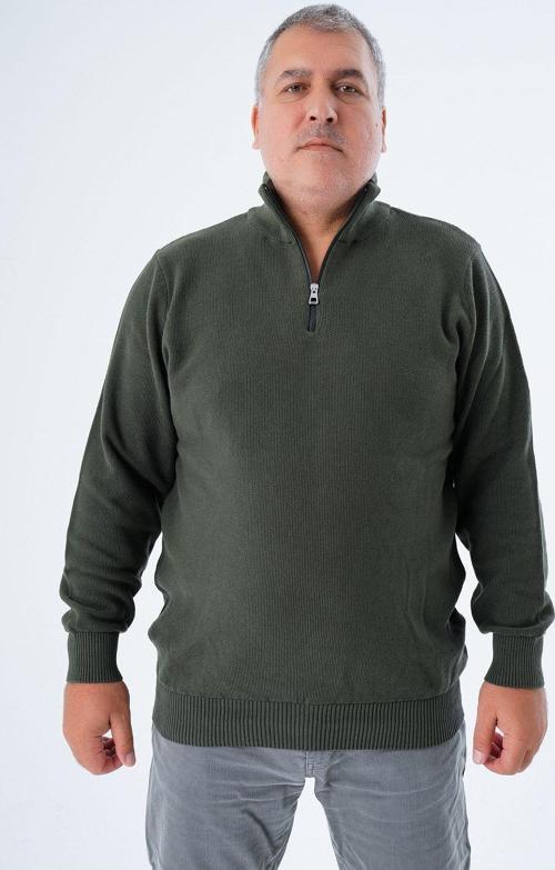 Büyük Beden Erkek Haki Fermuarlı Dik Yaka Pirinç Örgü %100 Pamuk Triko Kazak Trıst-2113