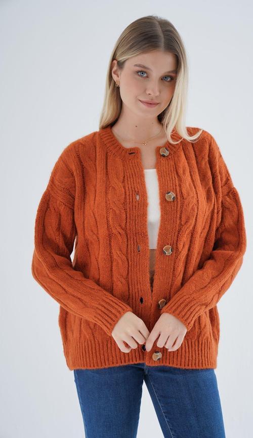 Kadın Turuncu Oversize Bisiklet Yaka Düğmeli Saç Örgülü Yün Karışımlı Triko Örme Hırka Trıst-6166