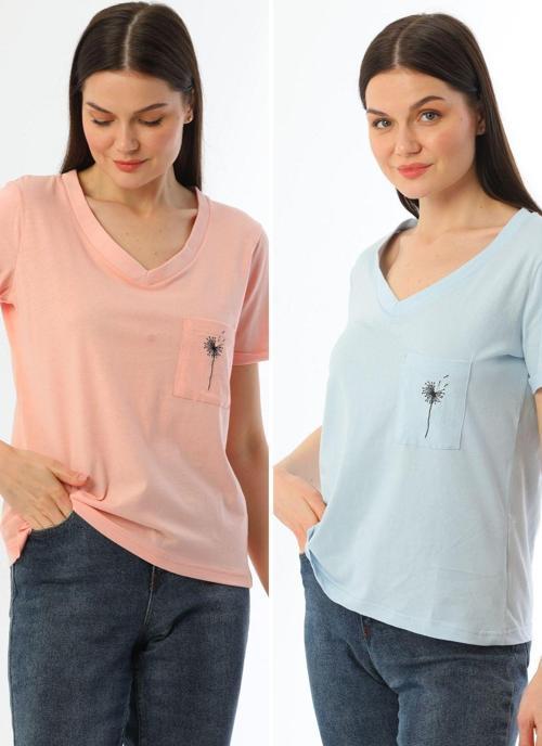2'Li Paket Pembe-Mavi V Yaka Rahat Kalıp Nakışlı %100 Pamuk T-Shirt