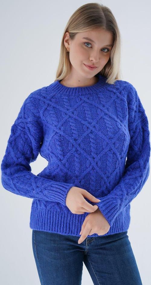 Kadın Saks Bisiklet Yaka Yürüt Saç Örgülü Yün Karışımlı Özel İplik Triko Örme Kazak Trıst-6164