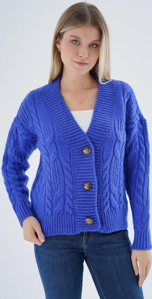 Kadın Saks Oversize V Yaka Saç Örgülü Ajurlu Düğmeli Yün Karışımlı Triko Örme Uzun Hırka