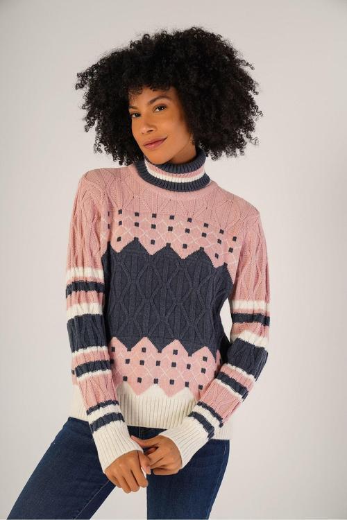 Kemik Kadın Jakarlı Saç Yürütme Desenli Balıkçı Yaka Yün Kazak