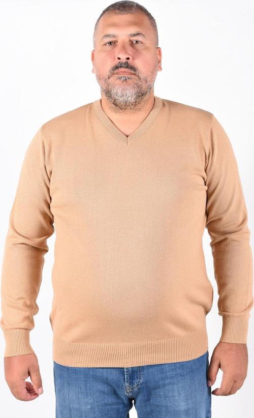 Erkek Camel Büyük Beden V Yaka %100 Pamuklu Kazak Trist-2102