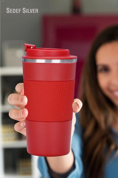 304 Pazlanmaz Çelik 500 Ml Kaydırmaz Lastikli Termos Bardak Mug Araç Kahve Çay Thermos 549