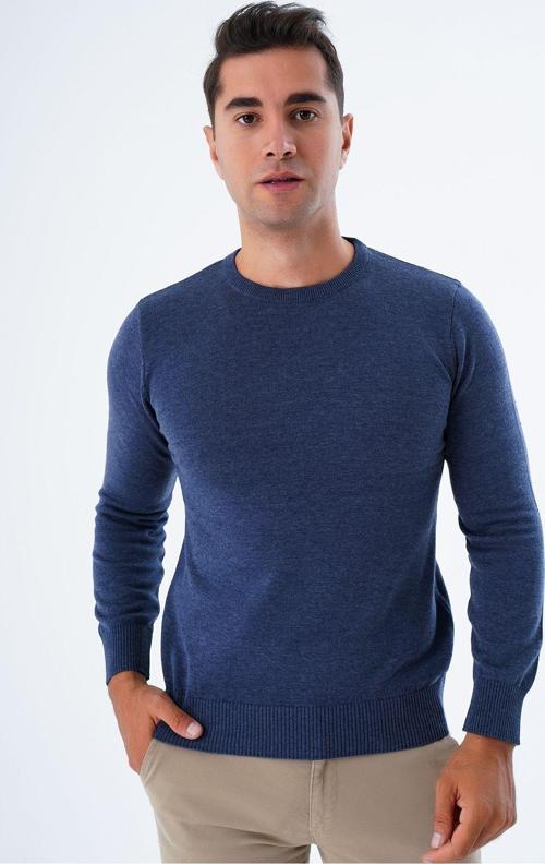 Erkek Melanj Indigo %100 Pamuklu Bisiklet Yaka Triko Kazak Trıst-1101