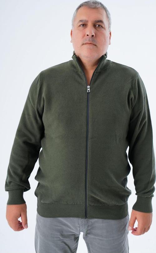 Haki Büyük Beden Erkek Fermuarlı Dik Yaka Pirin Örgü %100 Pamuk Triko Hırka Trıst-2114