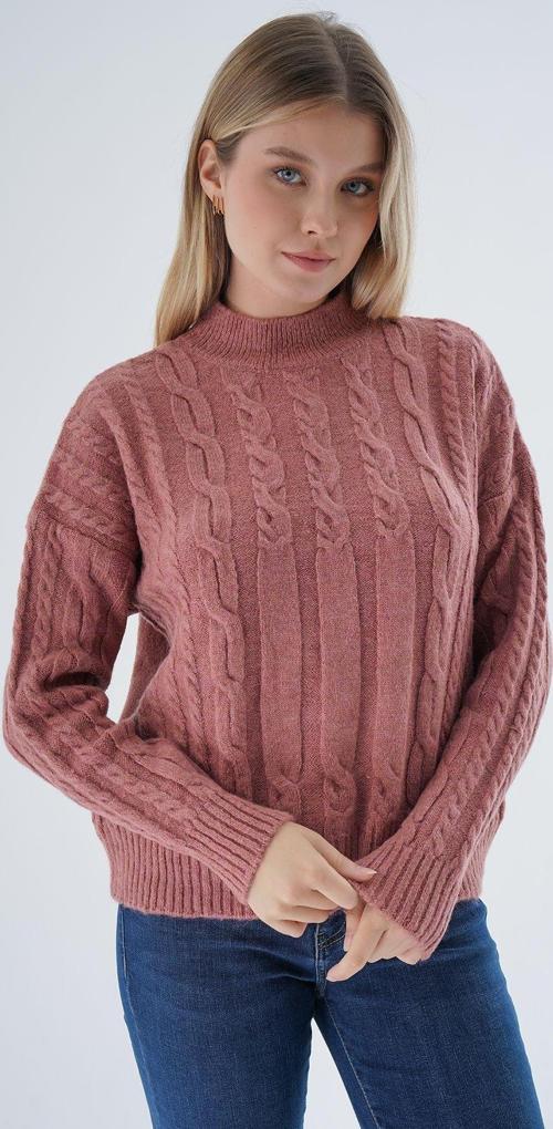 Kadın Gül Kurusu Oversize Yarım Balıkçı Saç Örgülü Yünlü Özel İplik Triko Örme Kazak Trıst-6158