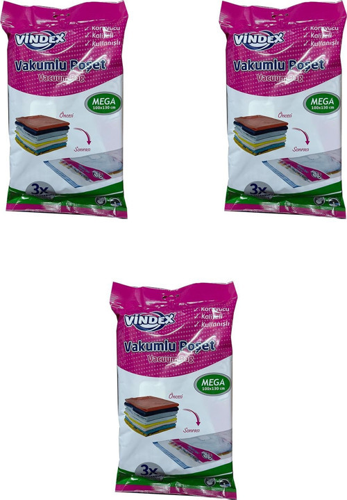 Vakumlu Giyisi Yastık Yorgan Saklama Torbası Poşeti Hurç - Mega - 100x130 Cm. - 3 Paket