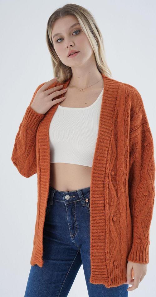 Kadın Turuncu Oversize Pon Ponlu Yürütme Örgülü Uzun Yün Karışımlı Triko Örme Hırka Trıst-6165