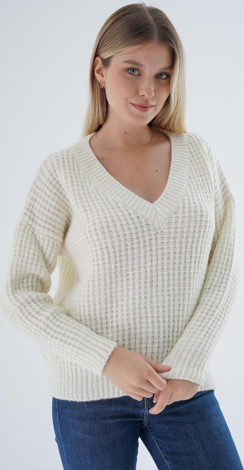 Kadın Kemik Oversize V Yaka Nopen Selanik Örgü Yünlü Özel İplik Triko Örme Kazak Trıst-6160