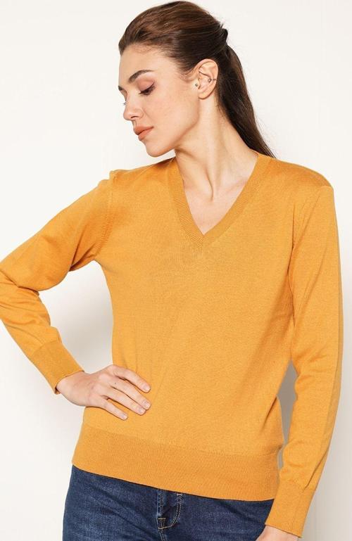 Hardal %100 Organik Pamuk V Yaka Triko Kazak Bluz