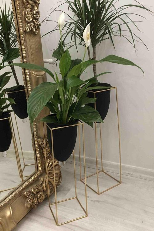 İkili Dekoratif Saksılık Metal Ayaklı Saksı Sunumluk Çiçeklik Köşe Dekor Set
