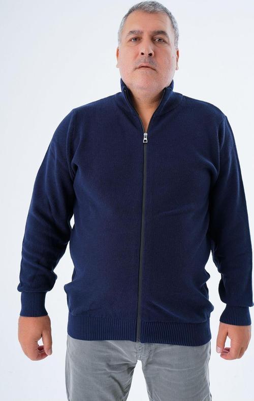 Lacivert Büyük Beden Erkek Fermuarlı Dik Yaka Pirin Örgü %100 Pamuk Triko Hırka Trıst-2114