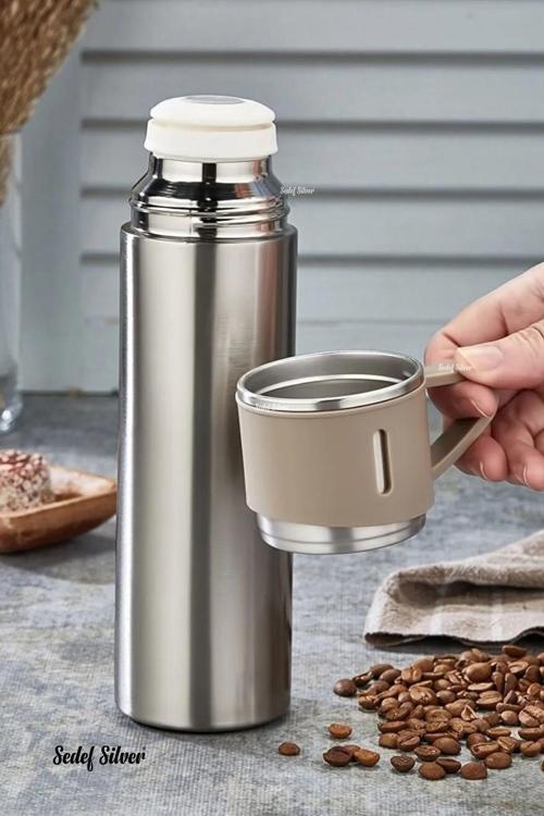 Kapağı Bardaklı 304 Paslanmaz Çelik Vakumlu Aç Kapat Conta Termos Matara 450 Ml 527