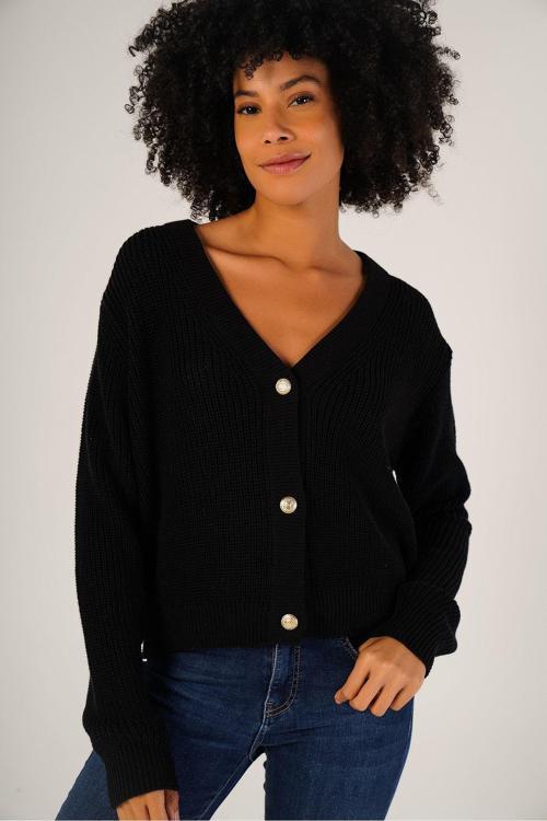 Siyah Kadın Selanik Örgü V Yaka %100 Pamuk Hırka