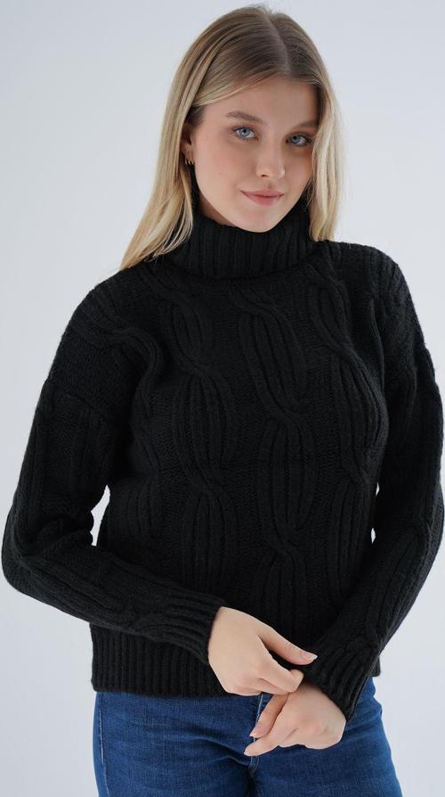 Kadın Siyah Oversize Balıkçı Yaka Selanik Saç Örgülü Yünlü Özel İplik Triko Örme Kazak Trıst-6159