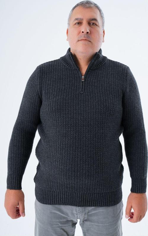 Büyük Beden Erkek Antrasit Zikzak Yürütmeli Dik Yaka Kısa Fermuarlı Triko Yün Kazak Trıst-2117