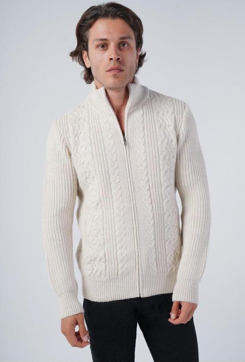 Bej Erkek Saç Yürütme Arka Kol Selanik Dik Yaka Cepli Triko Yün Hırka Trıst-5298