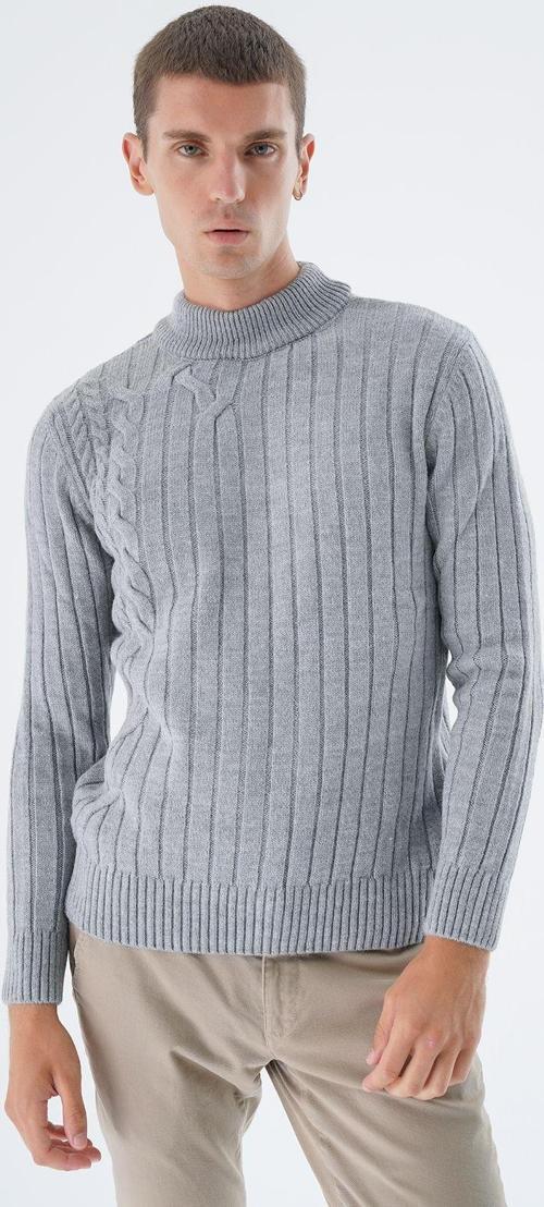 Erkek Gri Yarım Balıkçı Saç Örgülü Arka Kol Fitilli Yün Triko Örme Kazak Trıst-5328