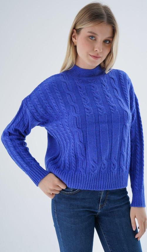 Kadın Saks Oversize Yarım Balıkçı Saç Örgülü Yünlü Özel İplik Triko Örme Kazak Trıst-6158