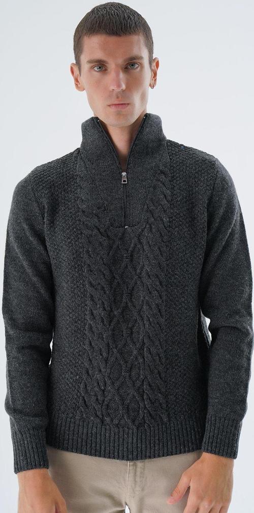Erkek Antrasit Dik Yaka Fermuarlı Yarım Balıkçı Yün Triko Örme Kazak Trıst-5325