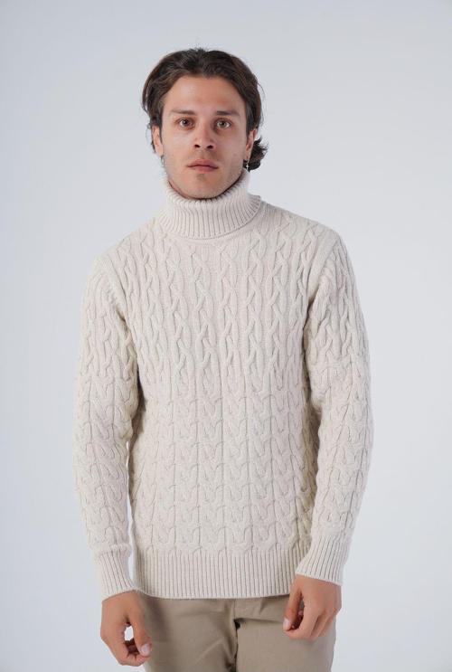 Bej Erkek Yürütme Saç Balıkçı Yaka Triko Yün Kazak