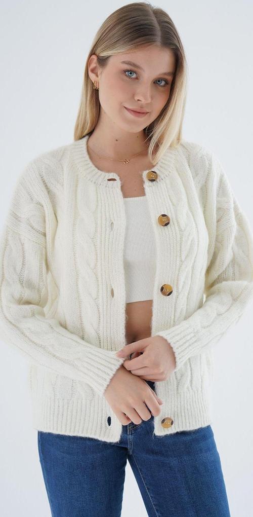 Kadın Kemik Oversize Bisiklet Yaka Düğmeli Saç Örgülü Yün Karışımlı Triko Örme Hırka Trıst-6166