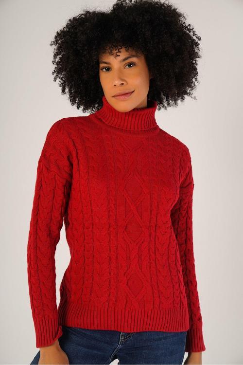 Açık Kırmızı Kadın Saç Örgülü Balıkçı Yaka Yün Kazak