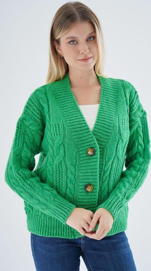 Kadın Yeşil Oversize V Yaka Saç Örgülü Ajurlu Düğmeli Yün Karışımlı Triko Örme Uzun Hırka