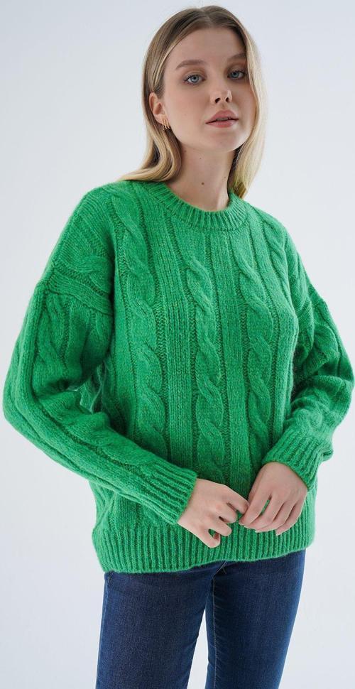 Kadın Yeşil Oversize Bisiklet Yaka Saç Örgülü Yünlü Özel İplik Triko Örme Kazak Trıst-6167