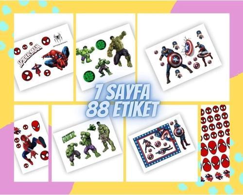 7 Sayfa 88 Adet Süper Kahraman Etiket Sticker Set Spiderman - Hulk - Captain America