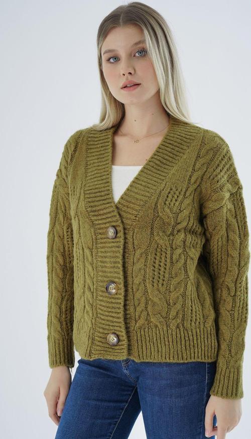 Kadın Olive Oversize V Yaka Saç Örgülü Ajurlu Düğmeli Yün Karışımlı Triko Örme Uzun Hırka