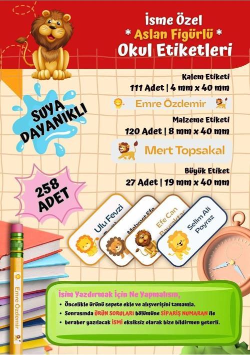 ASLAN Okul Etiketi Defter Etiketi Kalem Etiketi Kişiye Özel Suya Dayanıklı İsim Yazılabilien
