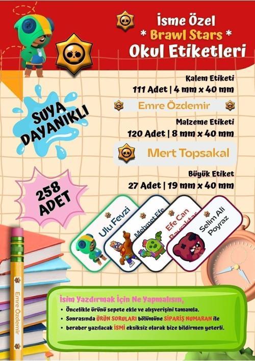 BRAWL STARS Okul Etiketi Defter Etiketi Kalem Etiketi Kişiye Özel Suya Dayanıklı İsim Yazılabilien