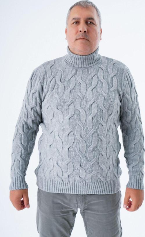 Büyük Beden Erkek Gri Balıkçı Yaka Pirinç Saç Örgülü Yün Triko Örme Kazak Trıst-2118