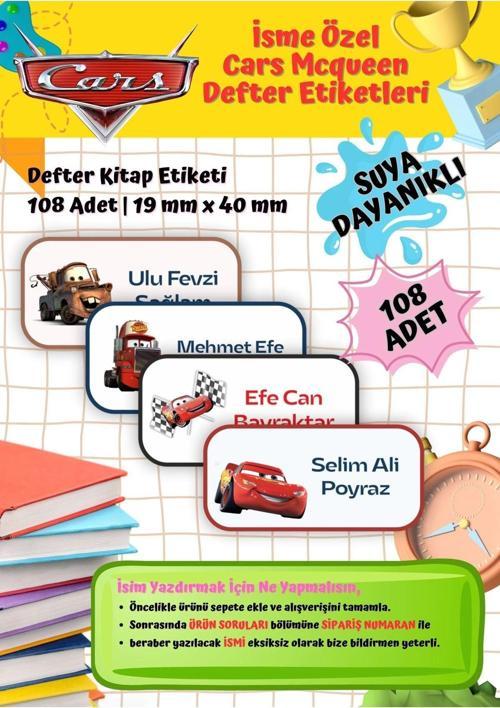 Cars Mcqueen Etiketi Defter Etiketi Kitap Etiketi Kişiye Özel Suya Dayanıklı İsim Yazılabilien