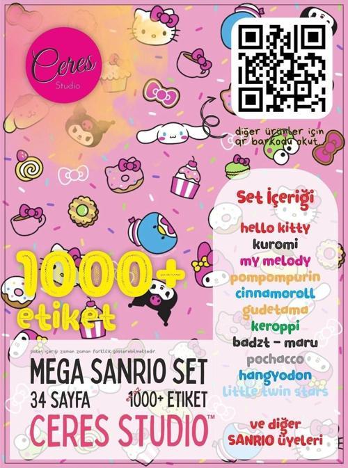 Dev Sanrio Sticker Set Hello Kitty Kuromi 34 Syf 1000+ Planlayıcı Bullet Journal Telefon Etiket