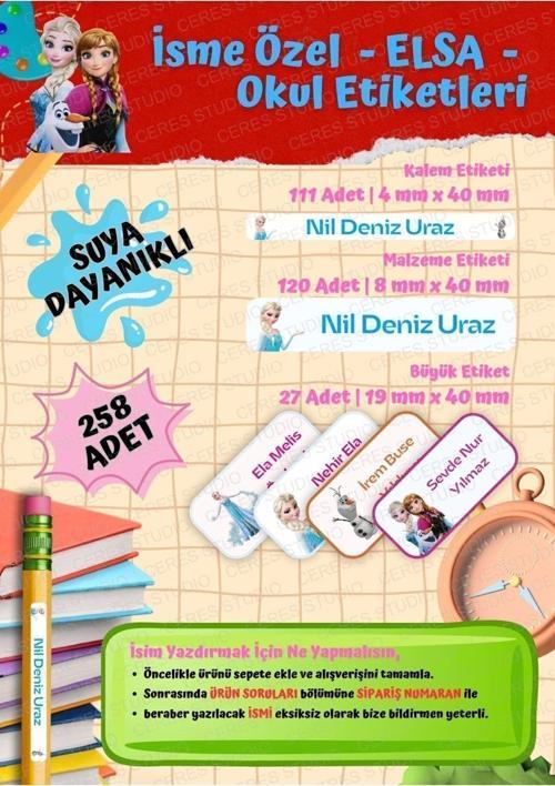 Elsa Okul Etiketi Defter Etiketi Kalem Etiketi Kişiye Özel Suya Dayanıklı İsim Yazılabilien
