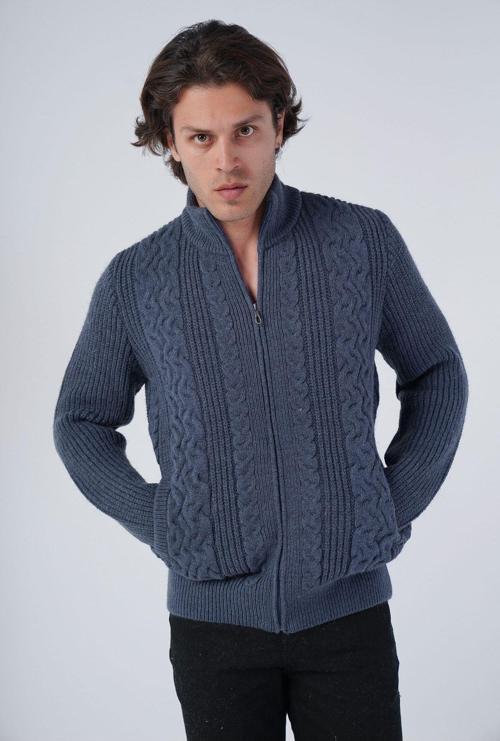 İndigo Erkek Saç Yürütme Arka Kol Selanik Dik Yaka Cepli Triko Yün Hırka Trıst-5298