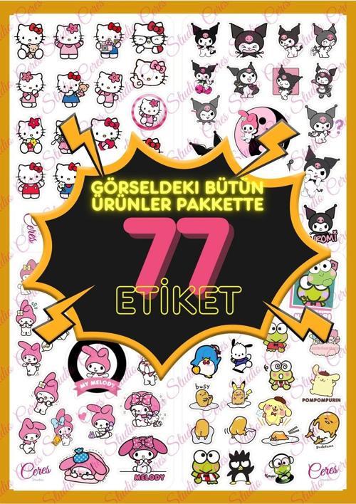 Hello Kitty Ve Arkadaşları Kuromi My Melody Cinnamoroll 77 Etiket Bullet Journal Telefon Sticker
