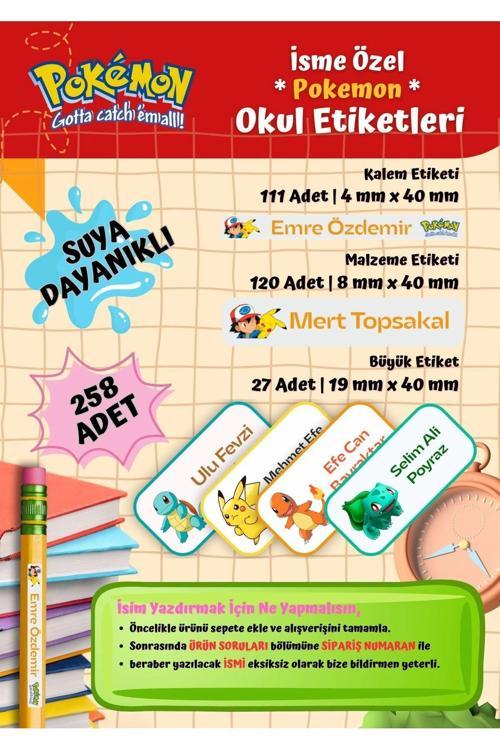 POKEMON Okul Etiketi Defter Etiketi Kalem Etiketi Kişiye Özel Suya Dayanıklı İsim Yazılabilien