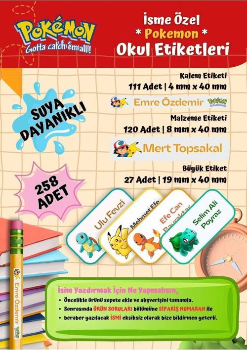 POKEMON Okul Etiketi Defter Etiketi Kalem Etiketi Kişiye Özel Suya Dayanıklı İsim Yazılabilien